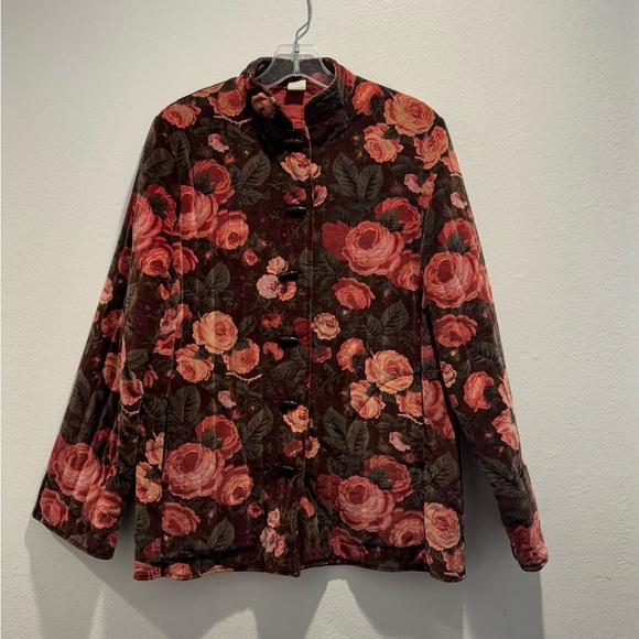 Vintage Floral Print Velvet Quilted Jacket Toggle Cottagecore Prairie Artsy Boho - Picture 1 of 9